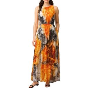 H&M Women's Maxi Dress 6 Orange Gray Feather Print Sleeveless Long Summer Gown